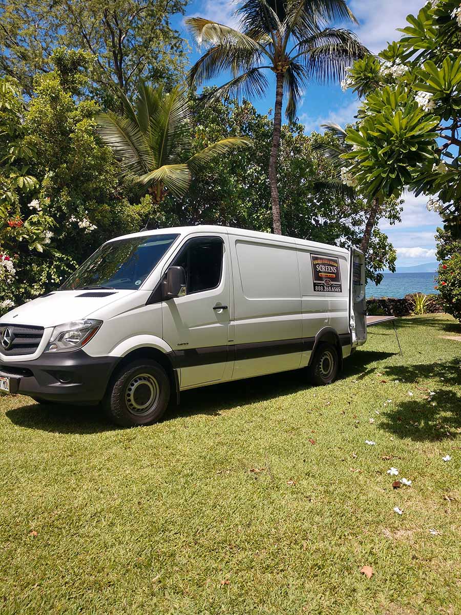 White car with trees behind it — Makawao, HI — Hawaiian Door & Window Screens