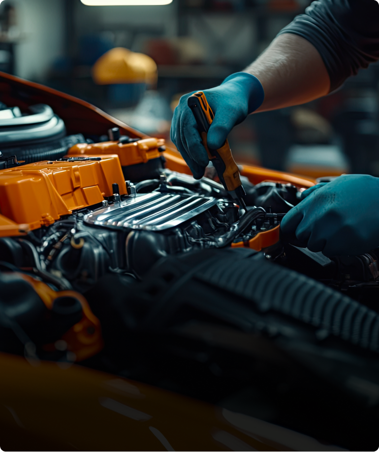 Mechanic working on a car engine, wearing blue gloves. Orange car parts are visible in a garage setting. | Las Truck & Auto