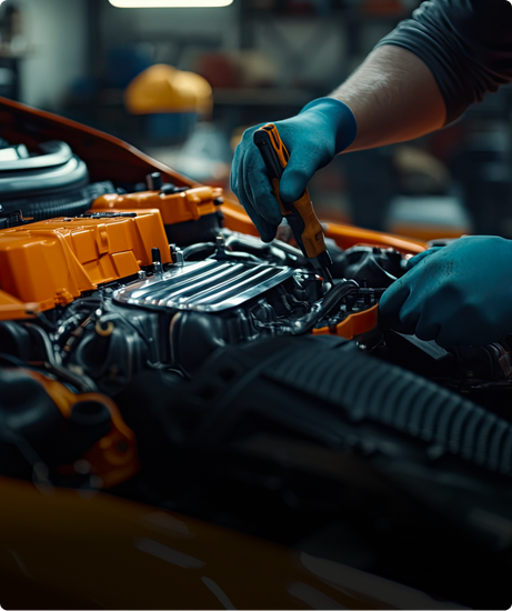 Mechanic working on a car engine, wearing blue gloves. Orange car parts are visible in a garage setting. | Las Truck & Auto