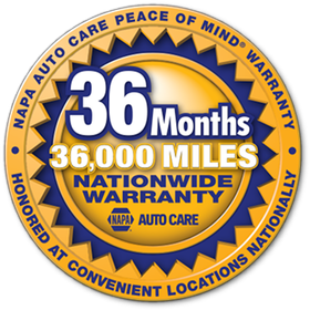 NAPA Auto Care 36-month, 36,000-mile nationwide warranty seal in blue, gold, and white. | Las Truck Auto