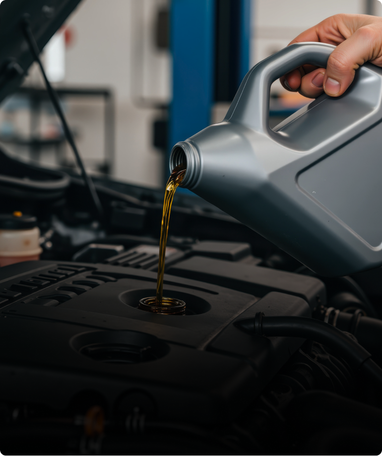 Mechanic in blue gloves working on orange car engine with a tool. | Las Truck & Auto