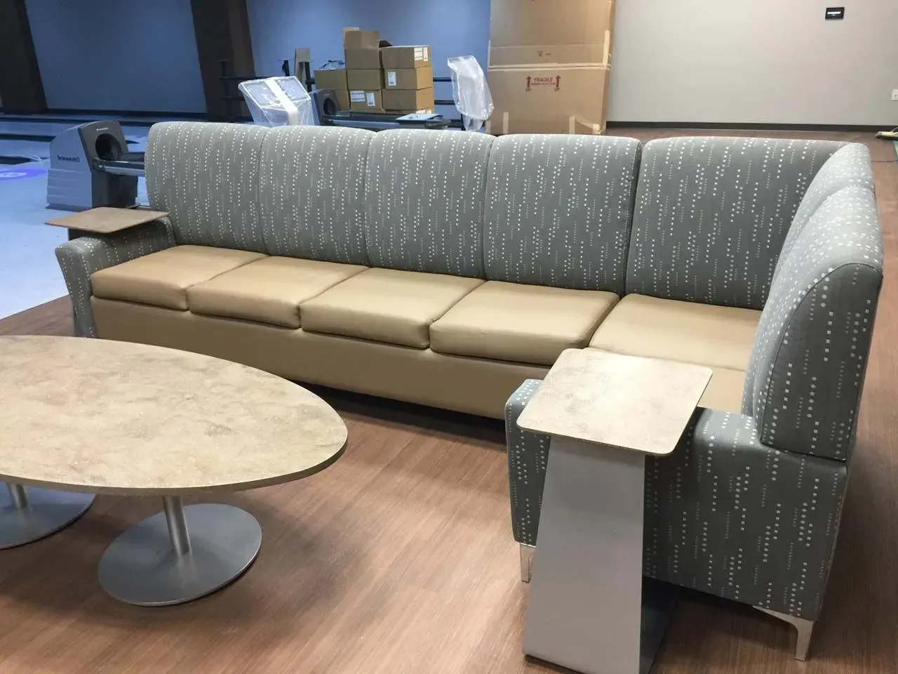 A couch and a coffee table are in a room.