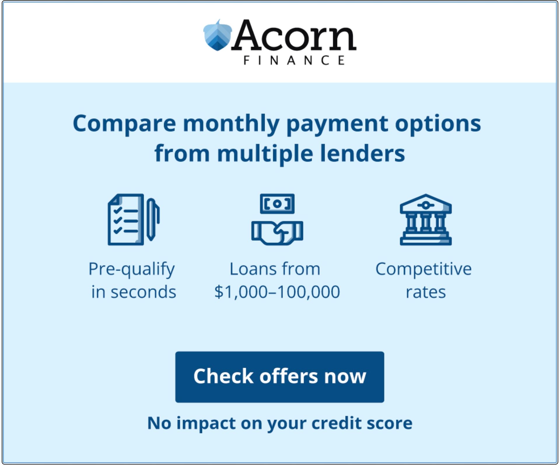 acorn finance offers monthly payment options from multiple lenders