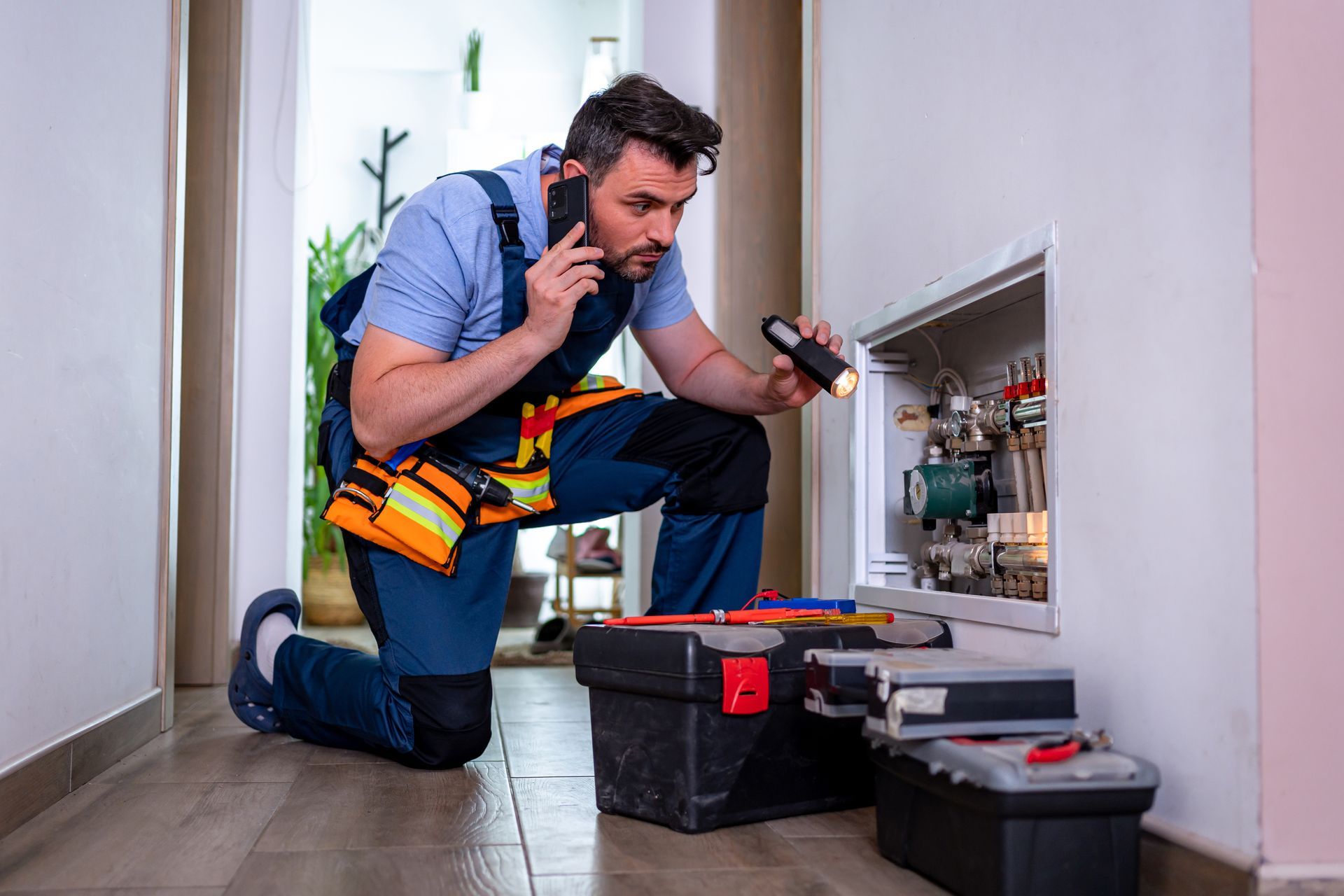 Plumber on phone kneels by pipes, examining them with a flashlight in a white hallway; tools on the floor. Plumber on phone inspecting pipes inside a white wall with a flashlight. Toolbox on the floor.