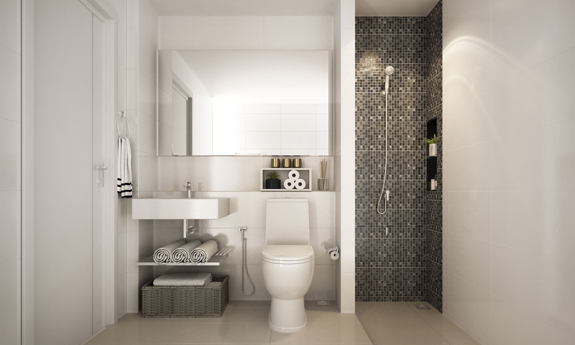 Modern bathroom with white walls, toilet, sink, and patterned shower wall.