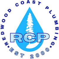 Logo for Redwood Coast Plumbing: Blue water drop with a pine tree and 