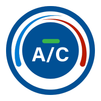 A blue and white circle with the word a / c inside of it.