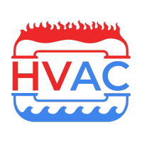 A red , white and blue logo for hvac with flames and water.