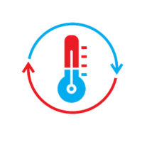 A thermometer in a circle with two arrows pointing in opposite directions.