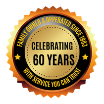 A seal that says family owned and operated since 1963 celebrating 60 years with service you can trust