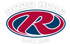 A red , blue and white logo for rizzo hvac since 1968