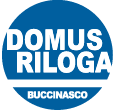 Logo Domus Riloga in un cerchio blu con testo bianco e banner Buccinasco