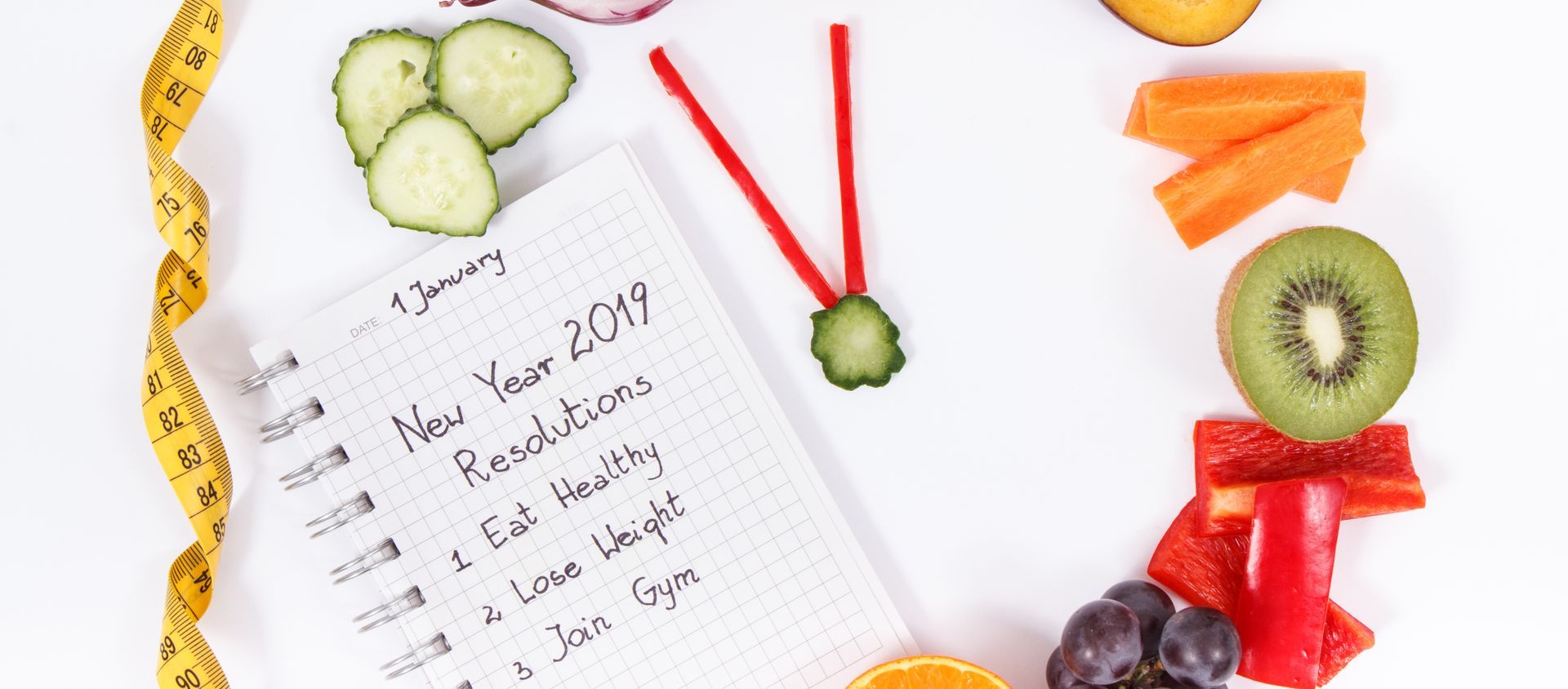 Clock made of vegetables and fruit around a list of New Year's resolutions.