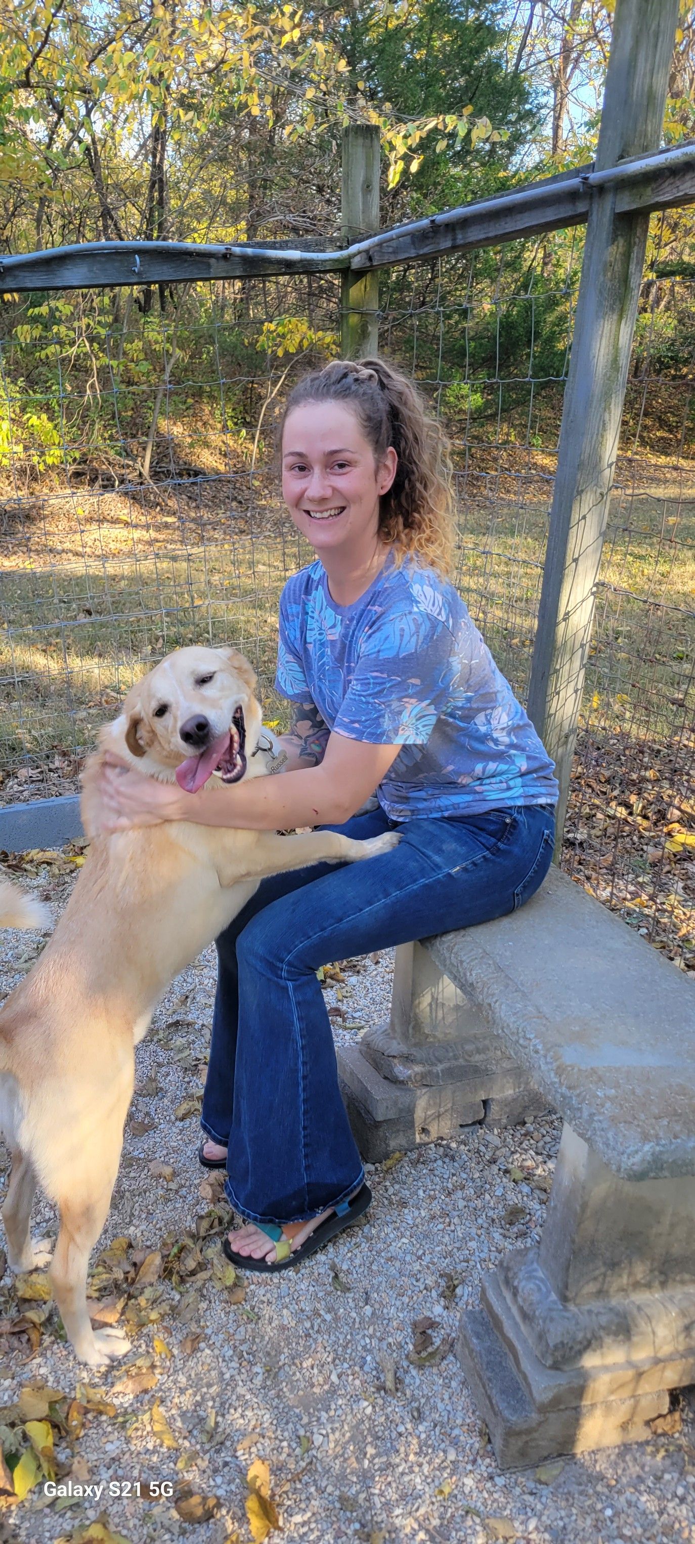 A woman is sitting on a bench petting a dog.