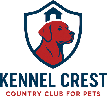 The logo for kennel crest country club for pets shows a dog on a shield.