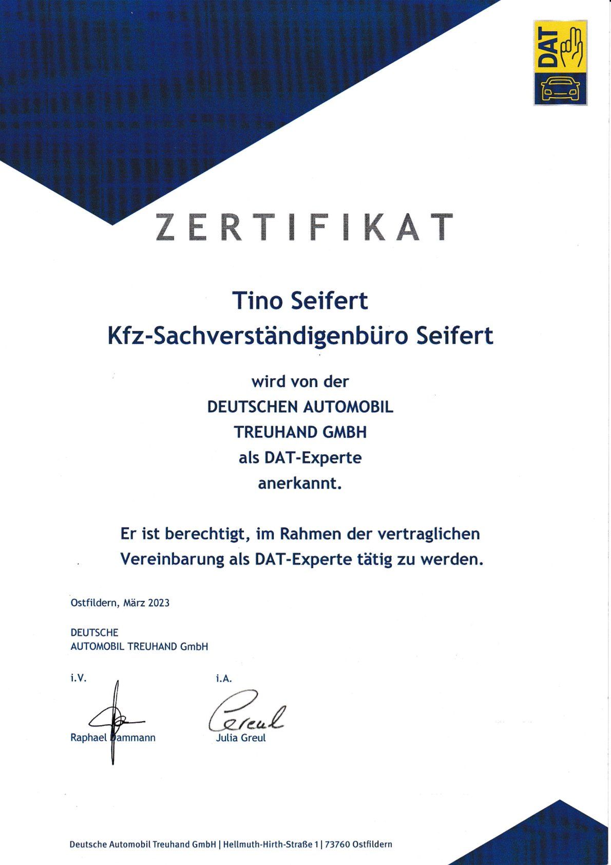 Anerkennung als DAT Expert Partner, Kfz-Gutachter Tino Seifert