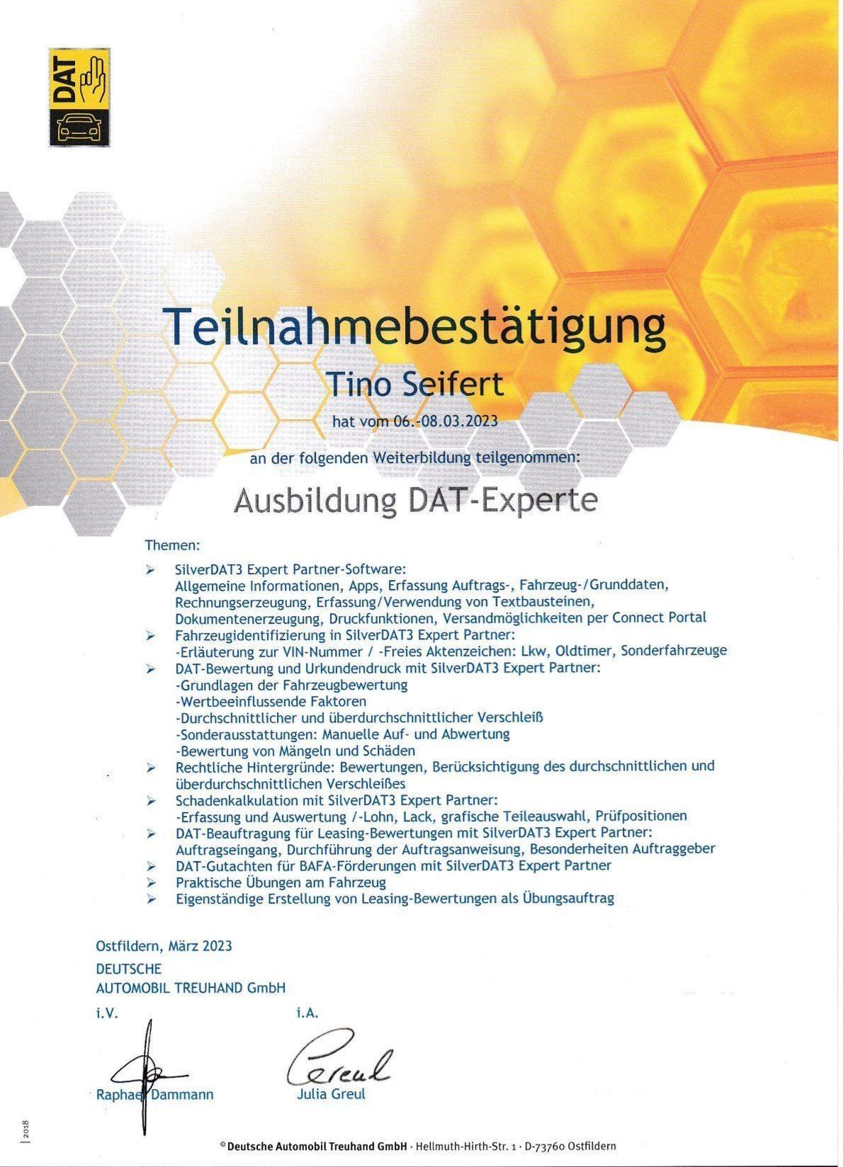 Ausbildung zum DAT Expert Partner, Kfz-Gutachter  Tino Seifert