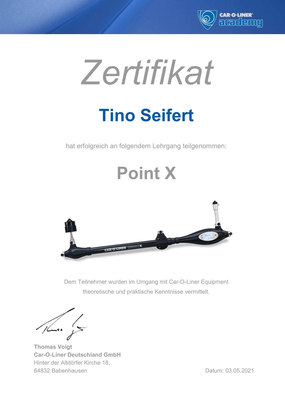 Zertifikat Pkw-Karosserievermessung mit car-o-liner point x