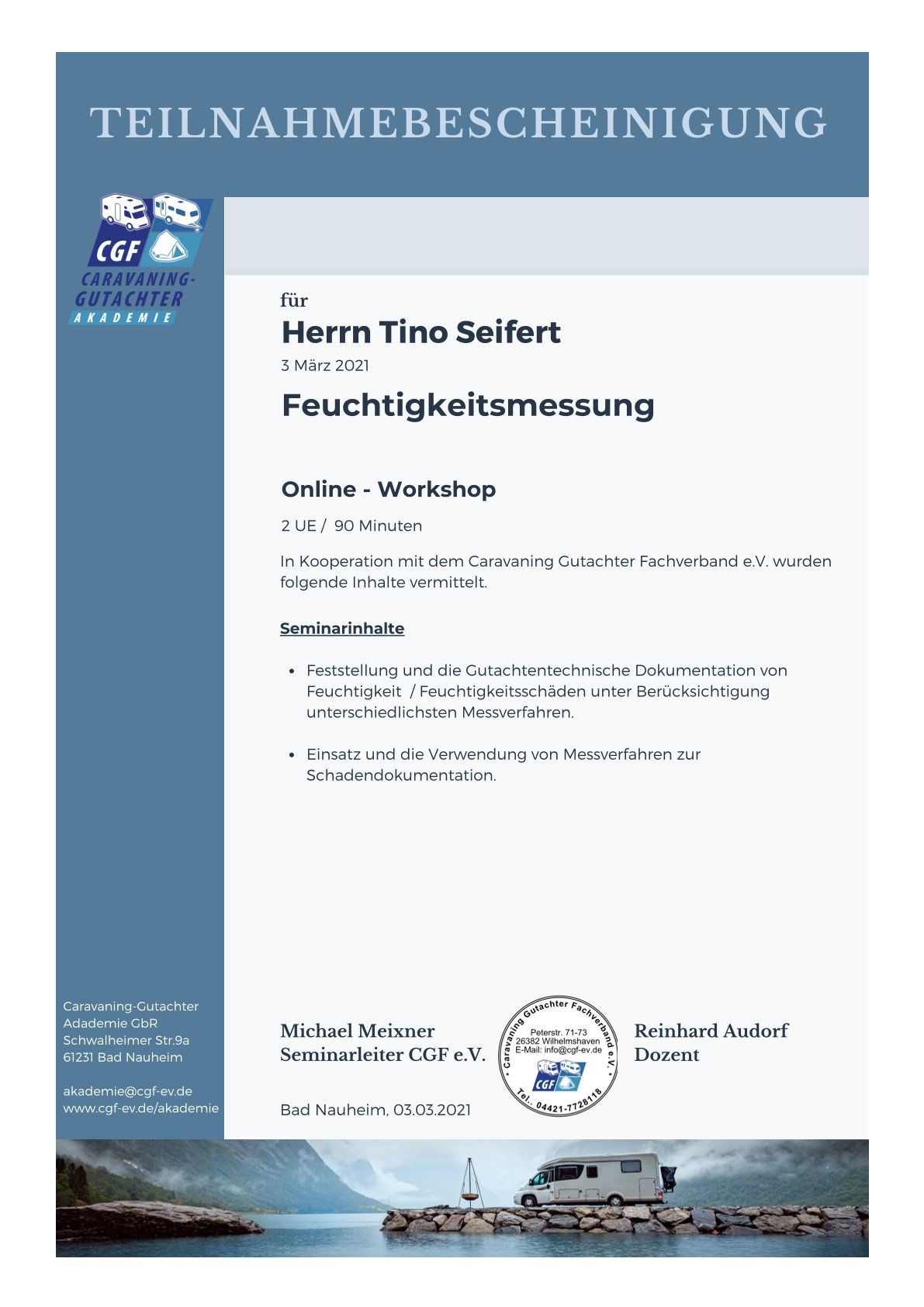 Zertifikat Feuchtigkeitsmessung und Dichtigkeitsprüfung im Wohnwagen und Wohnmobil