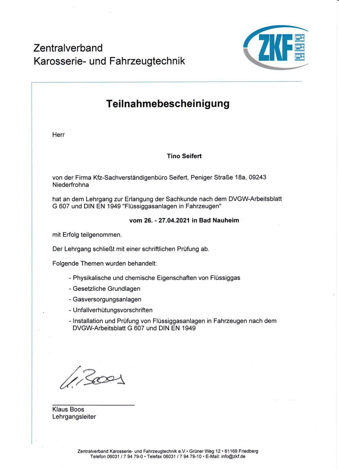 Zertifikat Caravan Gasprüfung G607