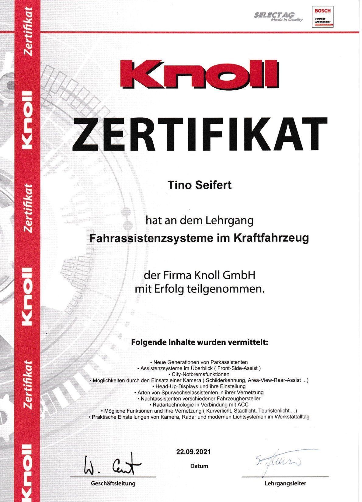 Zertifikat Fahrassistenzsysteme im Kfz Tino Seifert