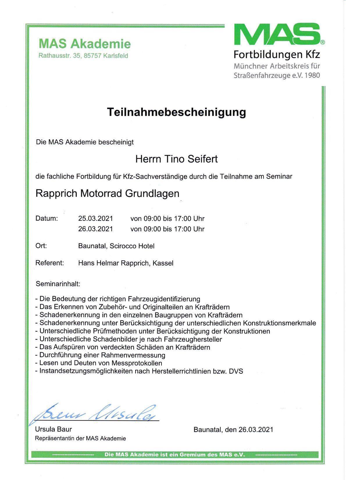 Teilnahmezertifikat kfz-gutachter für Motorrad Tino Seifert