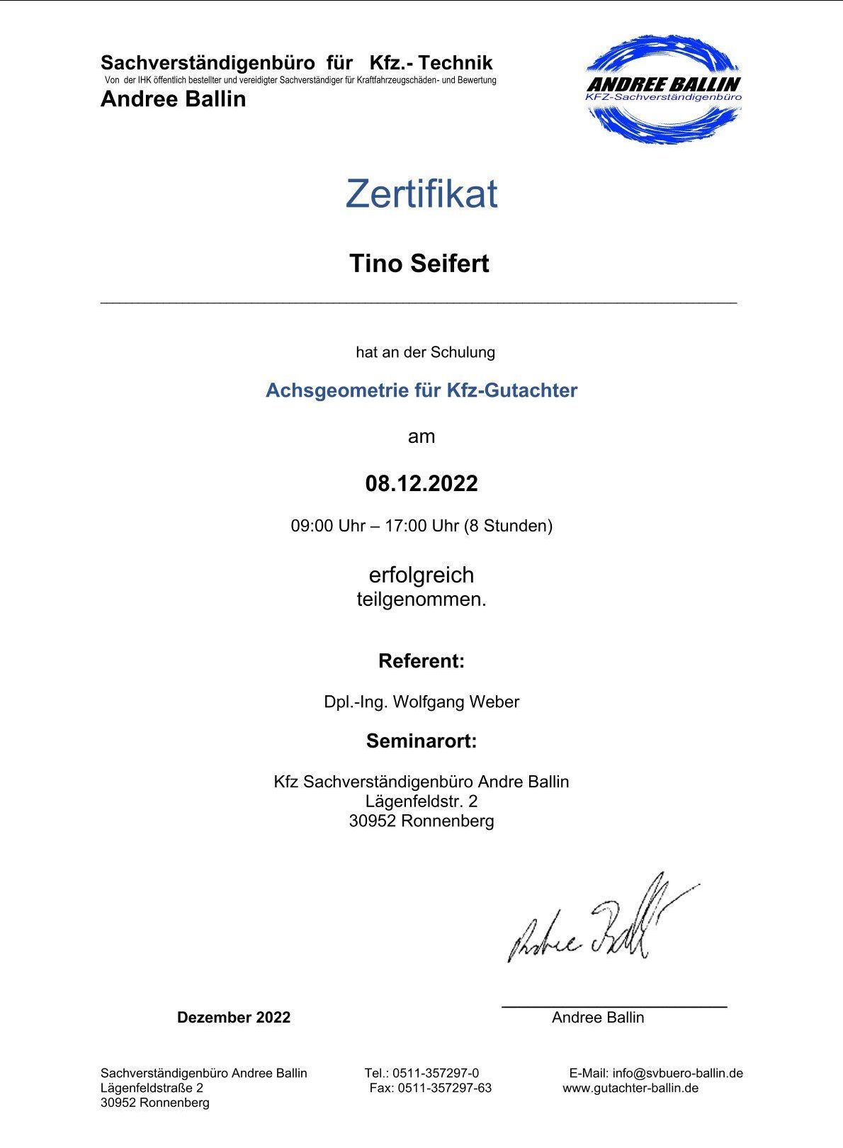 Teilnahmezertifikat Achsgeometrie für Kfz-Gutachter Tino Seifert