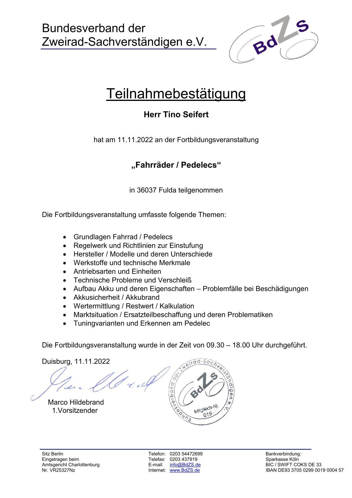 Teilnahmezertifikat  Gutachter für Fahrräder und Pedelecs Tino Seifert