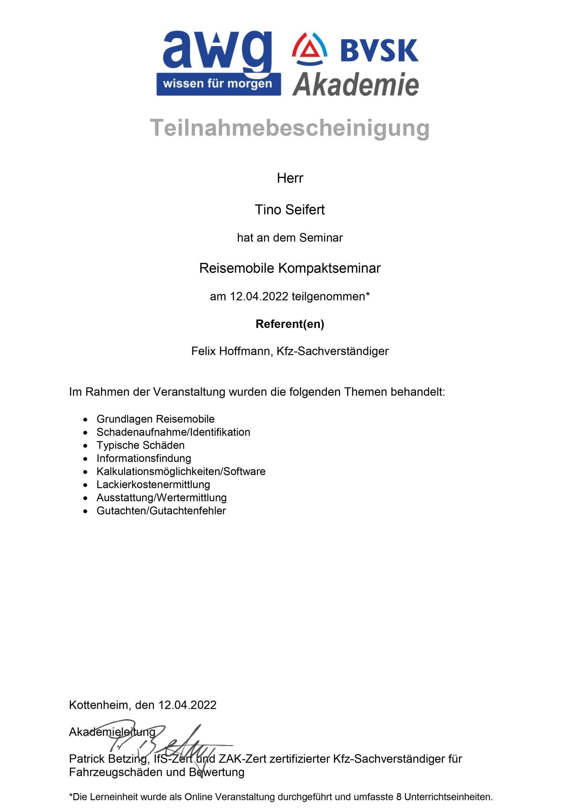 Teilnahmezertifikat  Gutachter für Reisemobile Tino Seifert