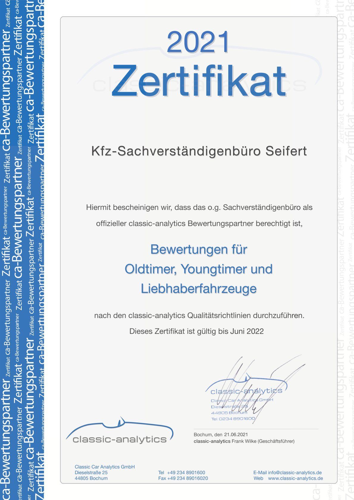 Zertifikat Oldtimer Bewertung