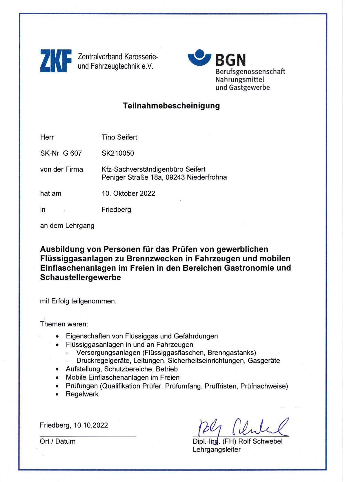 Teilnahmezertifikat Gewerbliche Flüssiggasanlagen Tino Seifert