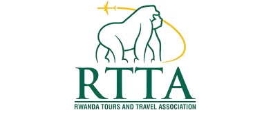 Logo for Rwanda Tours and Travel Association with a green gorilla outline, a yellow airplane arc, and the text 