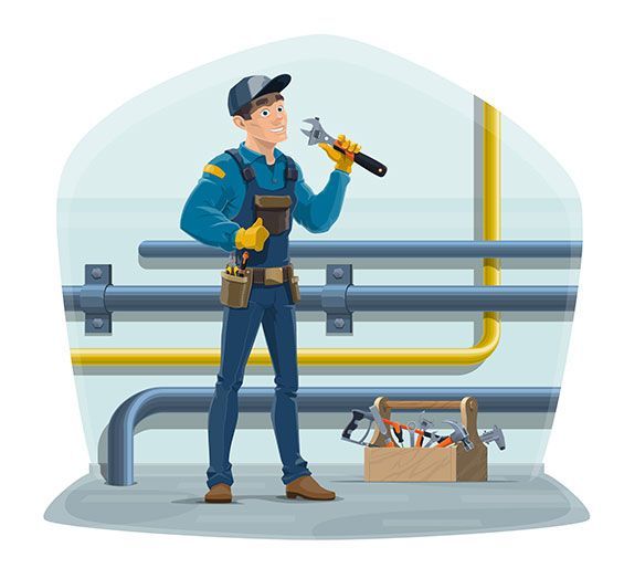 A plumber is holding a wrench in his hand while standing next to a toolbox.