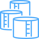 A blue icon of three barrels stacked on top of each other on a white background.