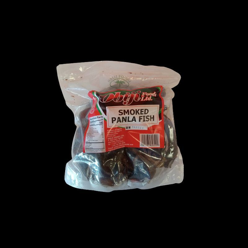 A bag of smoked panla fish on a black background.