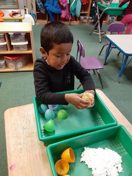 Boy playing with eggs and rice in green trays at a table.