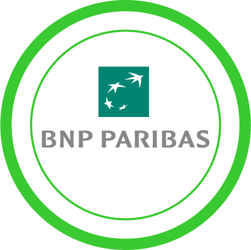 El logotipo de BNP Paribas está en un círculo verde sobre un fondo blanco.