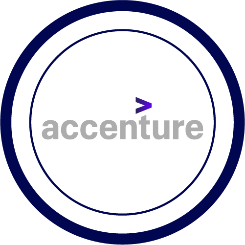El logotipo de Accenture está en un círculo azul sobre un fondo blanco.