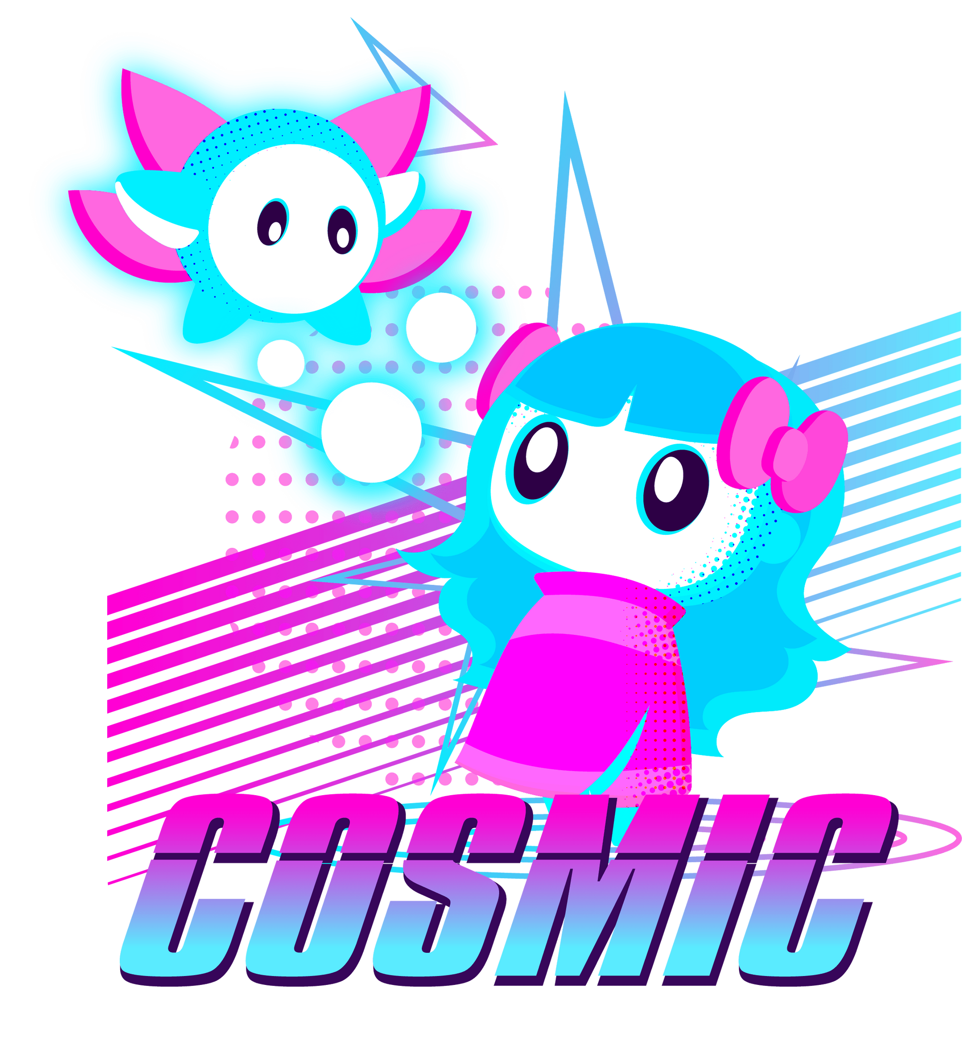 Un pixel art de una niña y una flor con la palabra cósmico.