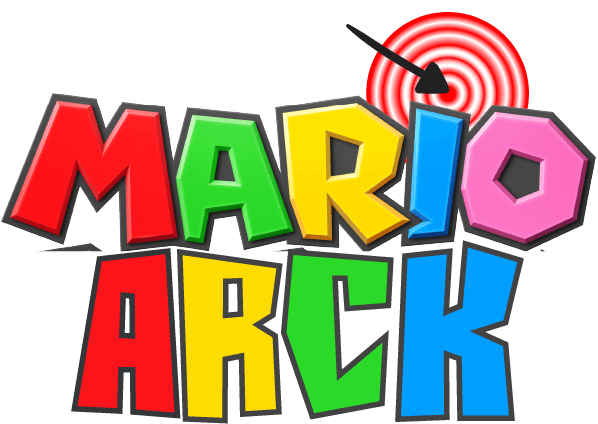 Un logotipo colorido para Mario Arch con un objetivo en el fondo.