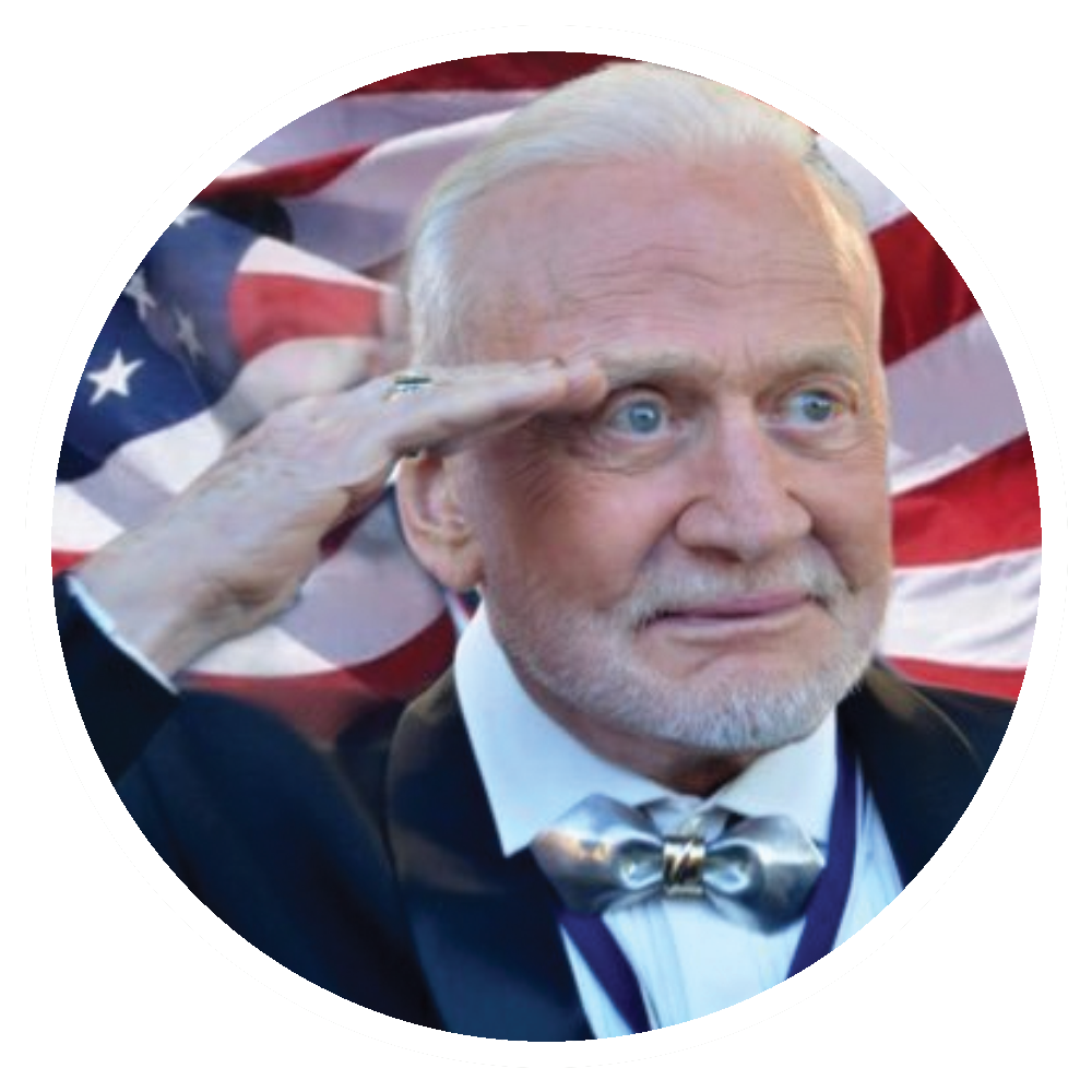 Buzz Aldrin saluting in front of the American flag. He is wearing a tuxedo with a bow tie.