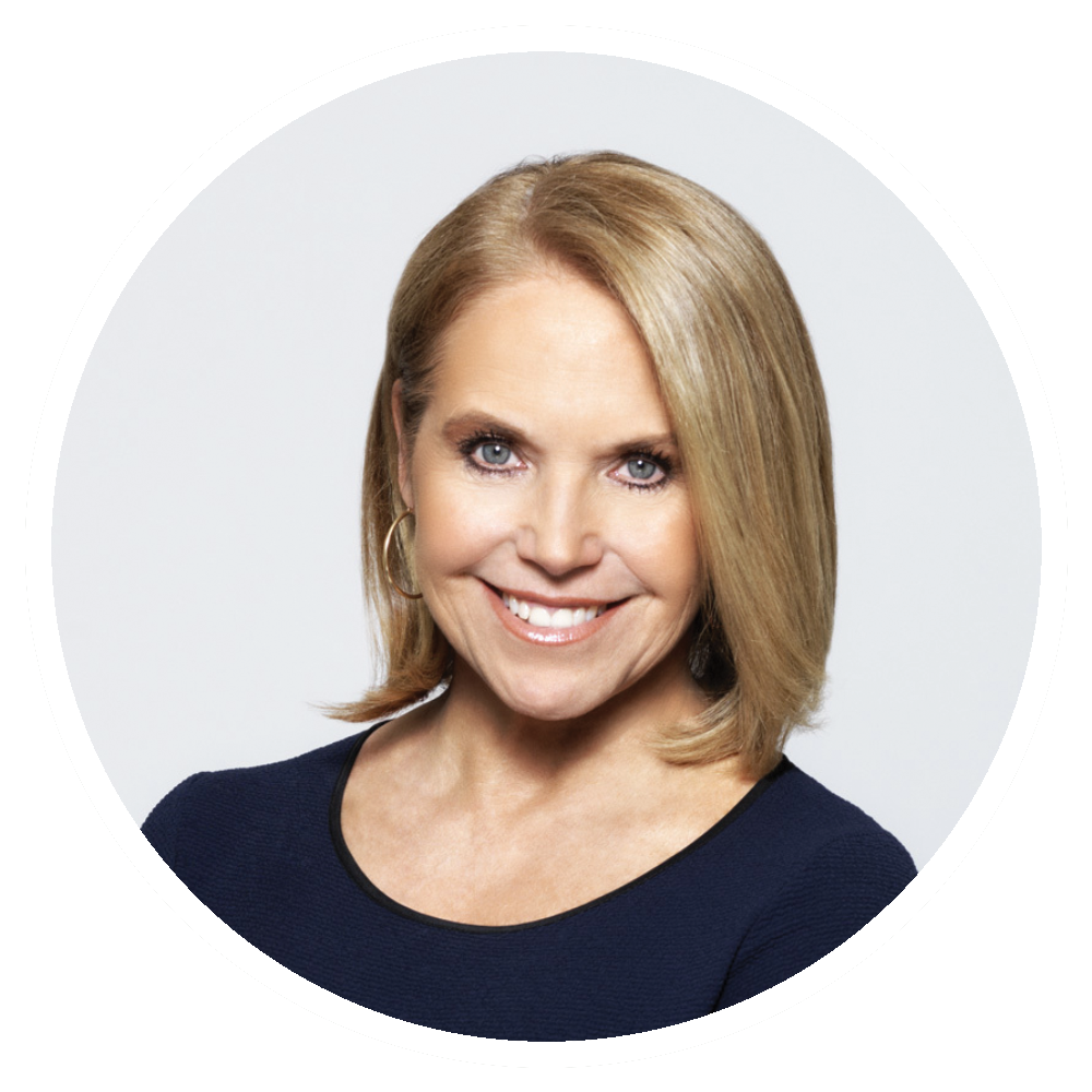 Katie Couric smiles, shoulders up, with short blonde hair and gold earrings.