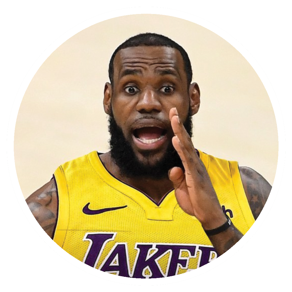 LeBron James in Lakers jersey, mouth open, hand raised, making a surprised or excited expression.