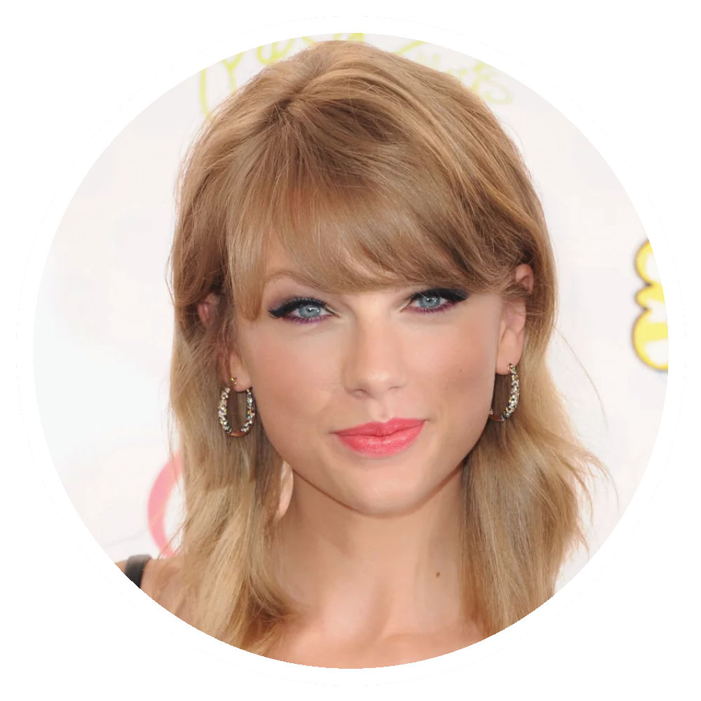 Taylor Swift with bangs and rosy lips, wearing hoop earrings, looking at the camera.