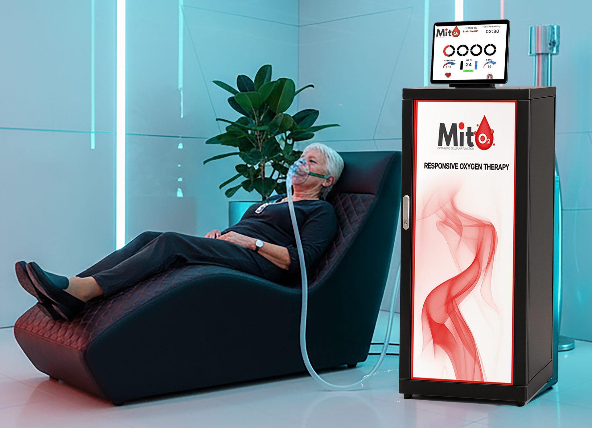 Elderly woman using Mito2 oxygen therapy system in wellness spa setting