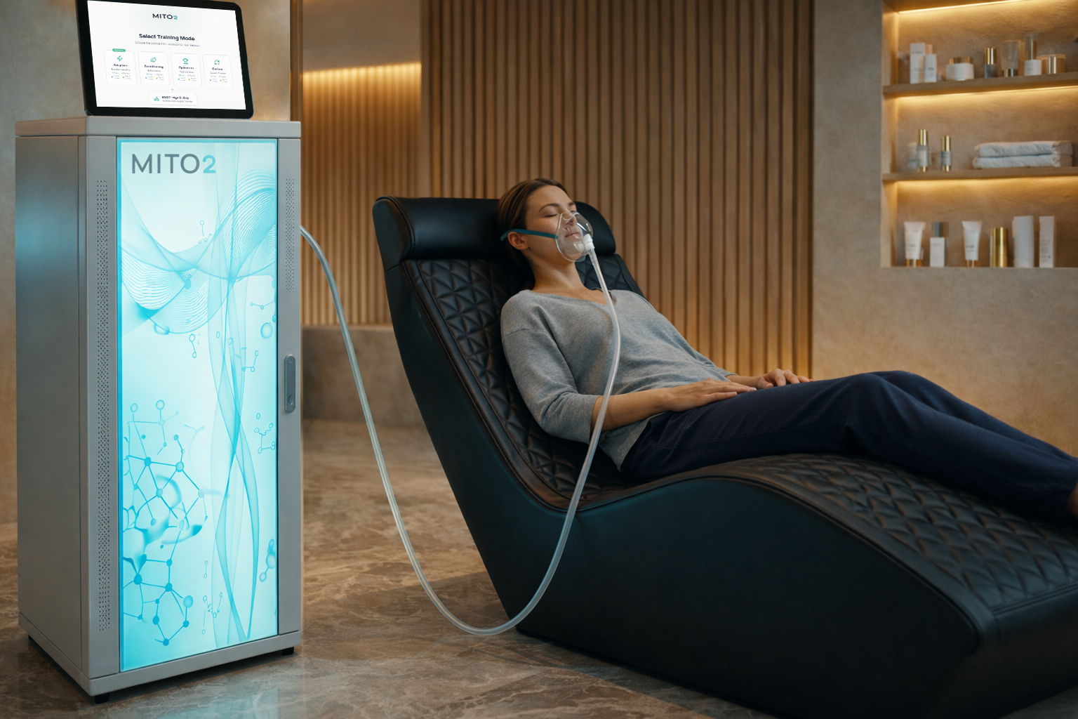 Elderly woman using Mito2 oxygen therapy system in wellness spa setting