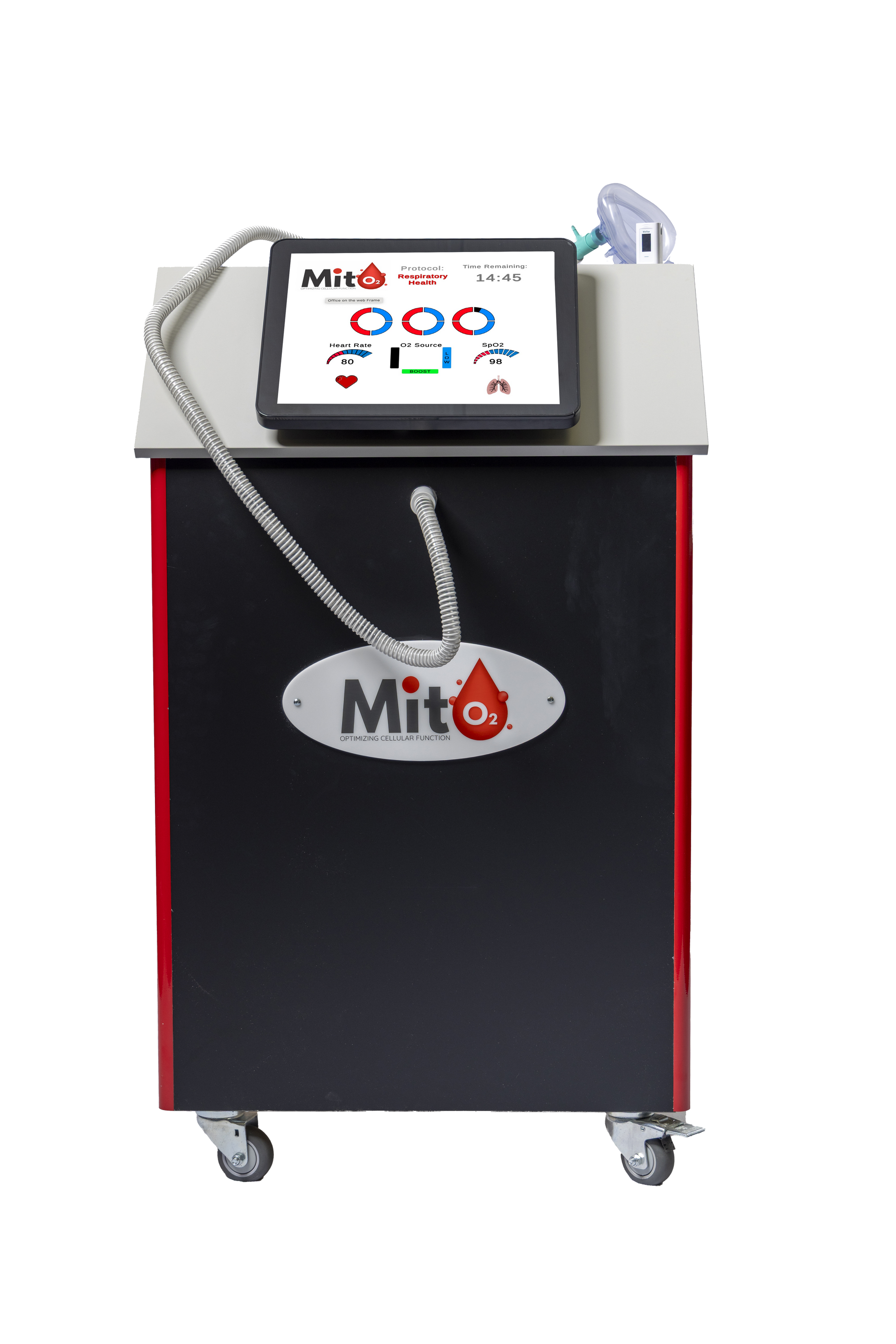 A black and red machine with a tablet on top of it.