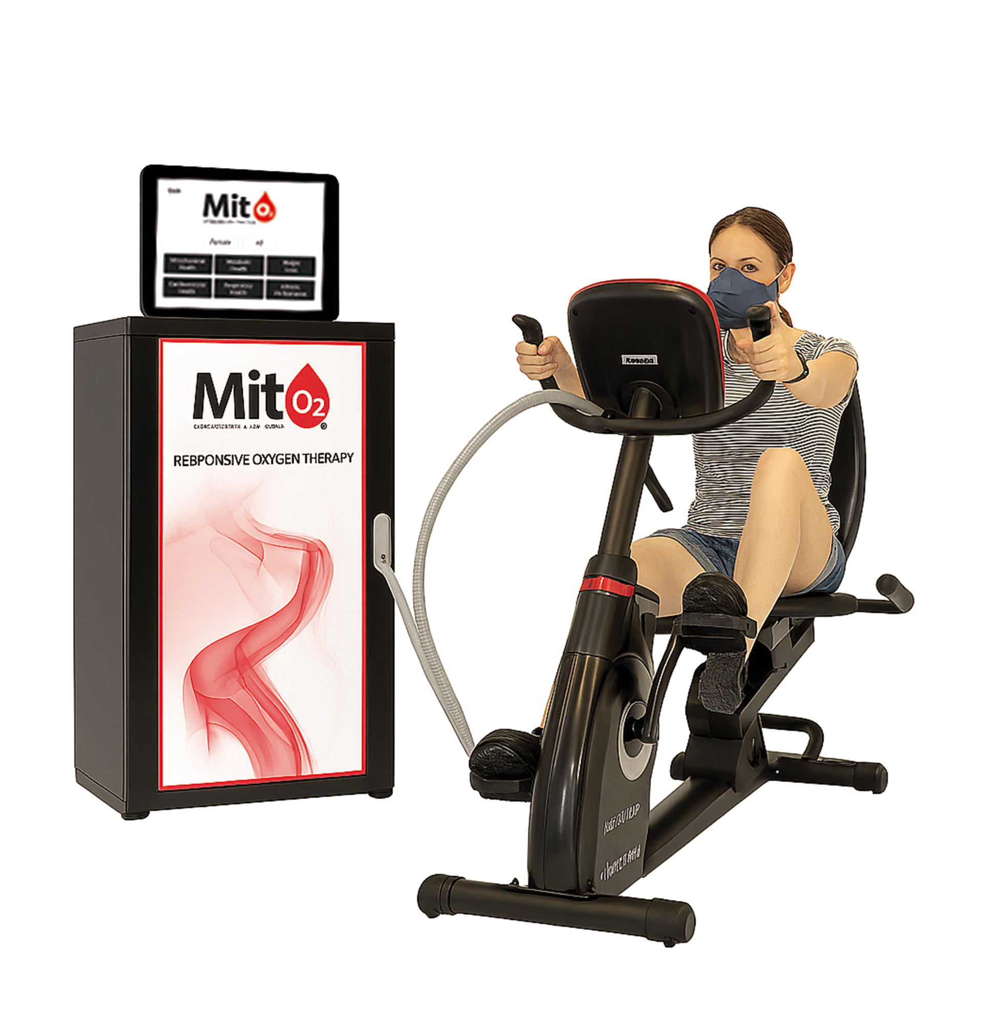 A woman wearing an oxygen mask is riding an exercise bike.