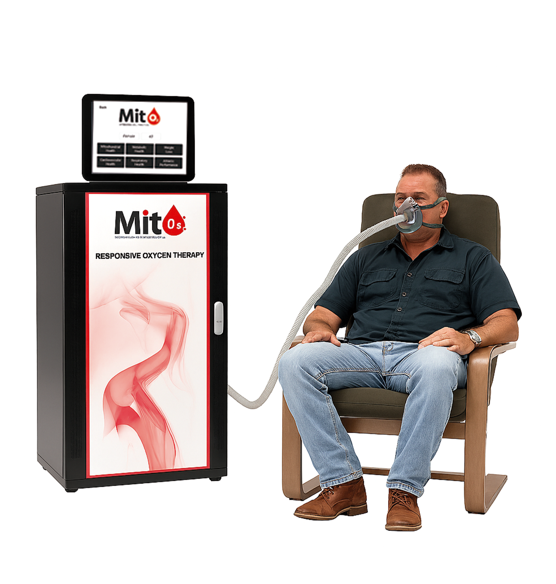 A man is sitting in a chair with an oxygen mask on his face.