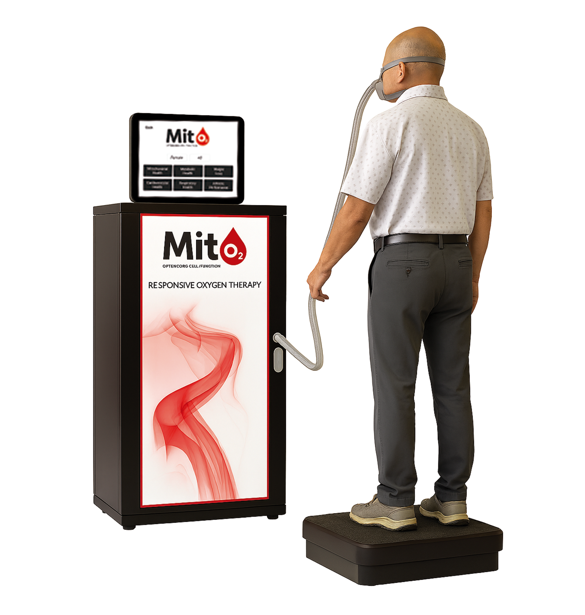 A man is standing on a machine with a monitor attached to it.